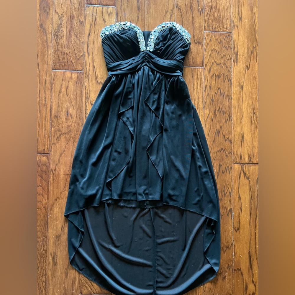 black strapless mini dress with rhinestones